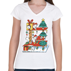PRINTFASHION Karácsonyi cica ház - Női V-nyakú póló - Fehér