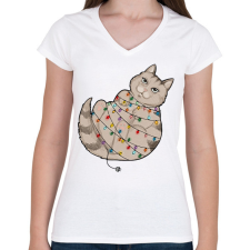 PRINTFASHION Karácsonyi cica - Női V-nyakú póló - Fehér női póló
