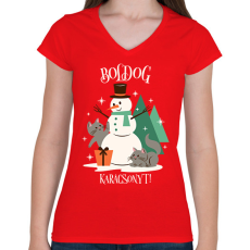 PRINTFASHION Karácsonyi Cica - Női V-nyakú póló - Piros