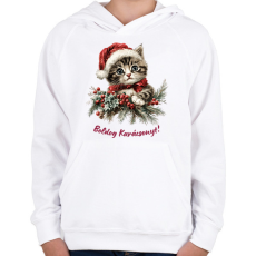 PRINTFASHION Karácsonyi cica sapiban - Gyerek kapucnis pulóver - Fehér