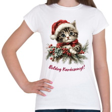 PRINTFASHION Karácsonyi cica sapiban - Női póló - Fehér női póló