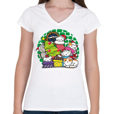 PRINTFASHION Karácsonyi cicás- Meowy - Női V-nyakú póló - Fehér