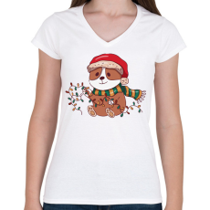 PRINTFASHION Karácsonyi corgi - Női V-nyakú póló - Fehér