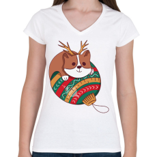 PRINTFASHION Karácsonyi corgi  - Női V-nyakú póló - Fehér