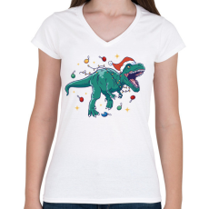 PRINTFASHION Karácsonyi dínó - Női V-nyakú póló - Fehér