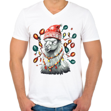 PRINTFASHION Karácsonyi láma - Férfi V-nyakú póló - Fehér