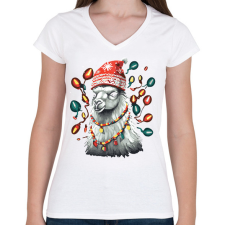 PRINTFASHION Karácsonyi láma - Női V-nyakú póló - Fehér női póló