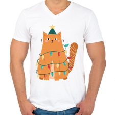 PRINTFASHION Karácsonyi macska - Férfi V-nyakú póló - Fehér férfi póló