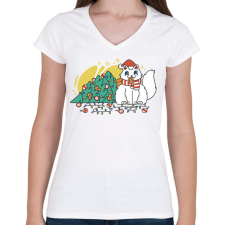 PRINTFASHION Karácsonyi macska - Női V-nyakú póló - Fehér női póló