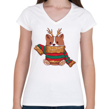 PRINTFASHION Karácsonyi pulcsis corgi - Női V-nyakú póló - Fehér női póló