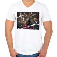PRINTFASHION Karácsonyi rénszarvas - Férfi V-nyakú póló - Fehér