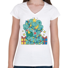 PRINTFASHION Karácsonyi Triceratops - Női V-nyakú póló - Fehér női póló