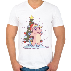 PRINTFASHION Karácsonyi unikornis - Férfi V-nyakú póló - Fehér