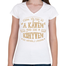 PRINTFASHION Kávé, könyv, hátrálj - Női V-nyakú póló - Fehér női póló