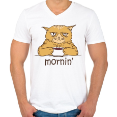 PRINTFASHION Kávés macska - Coffee cat -  Mornin' - Férfi V-nyakú póló - Fehér