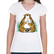 PRINTFASHION Kávézó tigris - Női V-nyakú póló - Fehér női póló