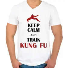 PRINTFASHION Keep calm - Kung fu - Férfi V-nyakú póló - Fehér férfi póló