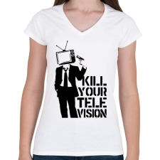 PRINTFASHION Kill your TV - Női V-nyakú póló - Fehér női póló