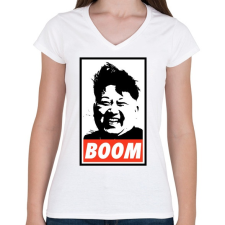 PRINTFASHION Kim Jong Un BOOM - Női V-nyakú póló - Fehér női póló
