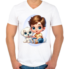 PRINTFASHION Kisfiú kiskutyával - Férfi V-nyakú póló - Fehér férfi póló