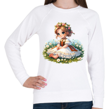 PRINTFASHION Kislány népviseletben a tavaszi virágos réten - Női pulóver - Fehér női pulóver, kardigán