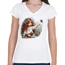 PRINTFASHION Kislány pillangóval - Női V-nyakú póló - Fehér