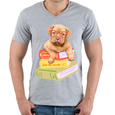 PRINTFASHION Kölyök masztiff szemüvegben könyvekkel - Férfi V-nyakú póló - Sport szürke férfi póló