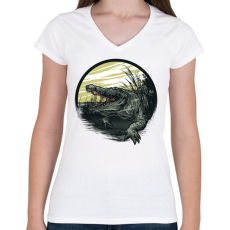 PRINTFASHION Krokodil grafika - Női V-nyakú póló - Fehér