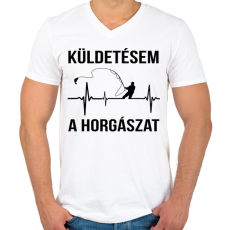 PRINTFASHION Küldetésem a horgászat - Férfi V-nyakú póló - Fehér