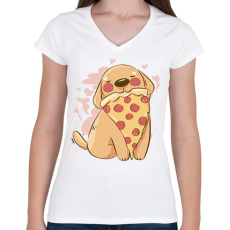 PRINTFASHION Kutya pizzával - Női V-nyakú póló - Fehér
