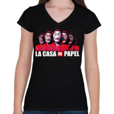 PRINTFASHION la casa de papel  - A nagy pénzrablás 10 - Női V-nyakú póló - Fekete
