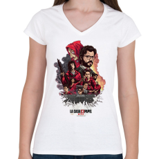 PRINTFASHION La casa de papel - A nagy pénzrablás - Női V-nyakú póló - Fehér
