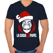 PRINTFASHION La Casa De Papel Christmas fehér - Férfi V-nyakú póló - Sötétkék férfi póló
