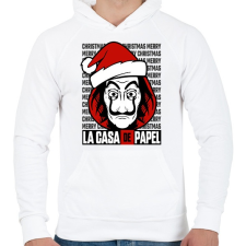 PRINTFASHION La Casa De Papel Christmas háttérrel - Férfi kapucnis pulóver - Fehér férfi pulóver, kardigán