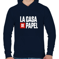 PRINTFASHION La casa de papel fehér felirat - Férfi kapucnis pulóver - Sötétkék férfi pulóver, kardigán