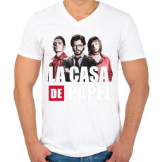 PRINTFASHION La casa de papel N7 - Férfi V-nyakú póló - Fehér