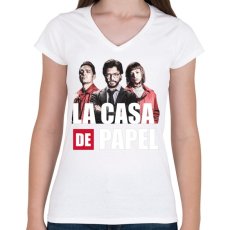 PRINTFASHION La casa de papel N7 - Női V-nyakú póló - Fehér