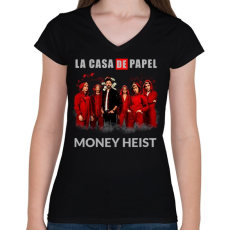 PRINTFASHION LA CASA DE PAPEL - Női V-nyakú póló - Fekete