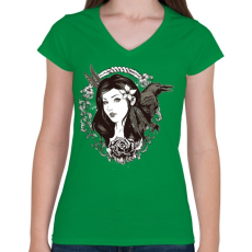 PRINTFASHION Lány és holló - Női V-nyakú póló - Zöld