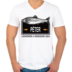 PRINTFASHION Lárhatáron a horgászok ásza - Névvel - Férfi V-nyakú póló - Fehér