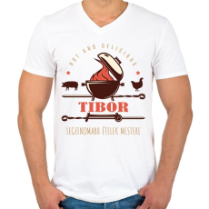 PRINTFASHION Legfinomabb ételek mestere - Névvel - Férfi V-nyakú póló - Fehér