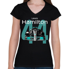 PRINTFASHION Lewis Hamilton 44 autóversenyző - fehér felirat - Női V-nyakú póló - Fekete