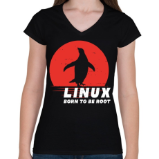 PRINTFASHION Linux - Born to be root - Női V-nyakú póló - Fekete