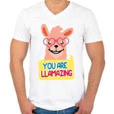 PRINTFASHION LLAMAZING - Férfi V-nyakú póló - Fehér