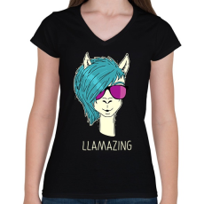 PRINTFASHION LLAMAZING - Női V-nyakú póló - Fekete