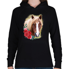 PRINTFASHION Ló virággal - Női kapucnis pulóver - Fekete női pulóver, kardigán