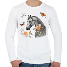 PRINTFASHION ló virágokkal és pillangókkal2 - Férfi hosszú ujjú póló - Fehér férfi póló