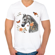 PRINTFASHION ló virágokkal és pillangókkal2 - Férfi V-nyakú póló - Fehér