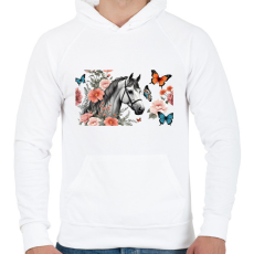 PRINTFASHION ló virágokkal és pillangókkal - Férfi kapucnis pulóver - Fehér