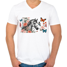 PRINTFASHION ló virágokkal és pillangókkal - Férfi V-nyakú póló - Fehér